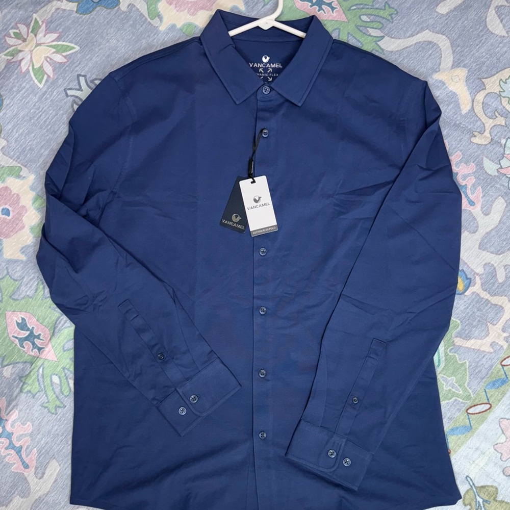 VANCAMEL Blue Cotton Flex Dress Shirt Classic Formal Wear XL NWT